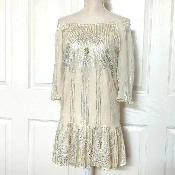 Anthropologie Beaded Sand Swing Sequined Dress By Carolina K - Picture 3 of 11